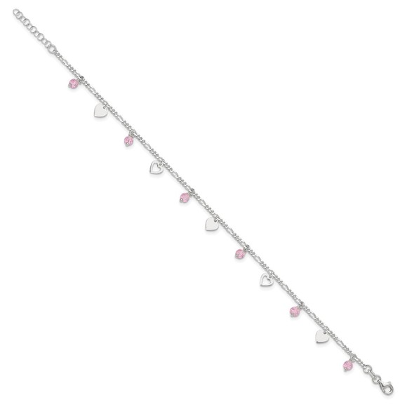 925 Sterling Silver Pink Glass Beads and Hearts Charms 9" Anklet 1" extension - Picture 3 of 8